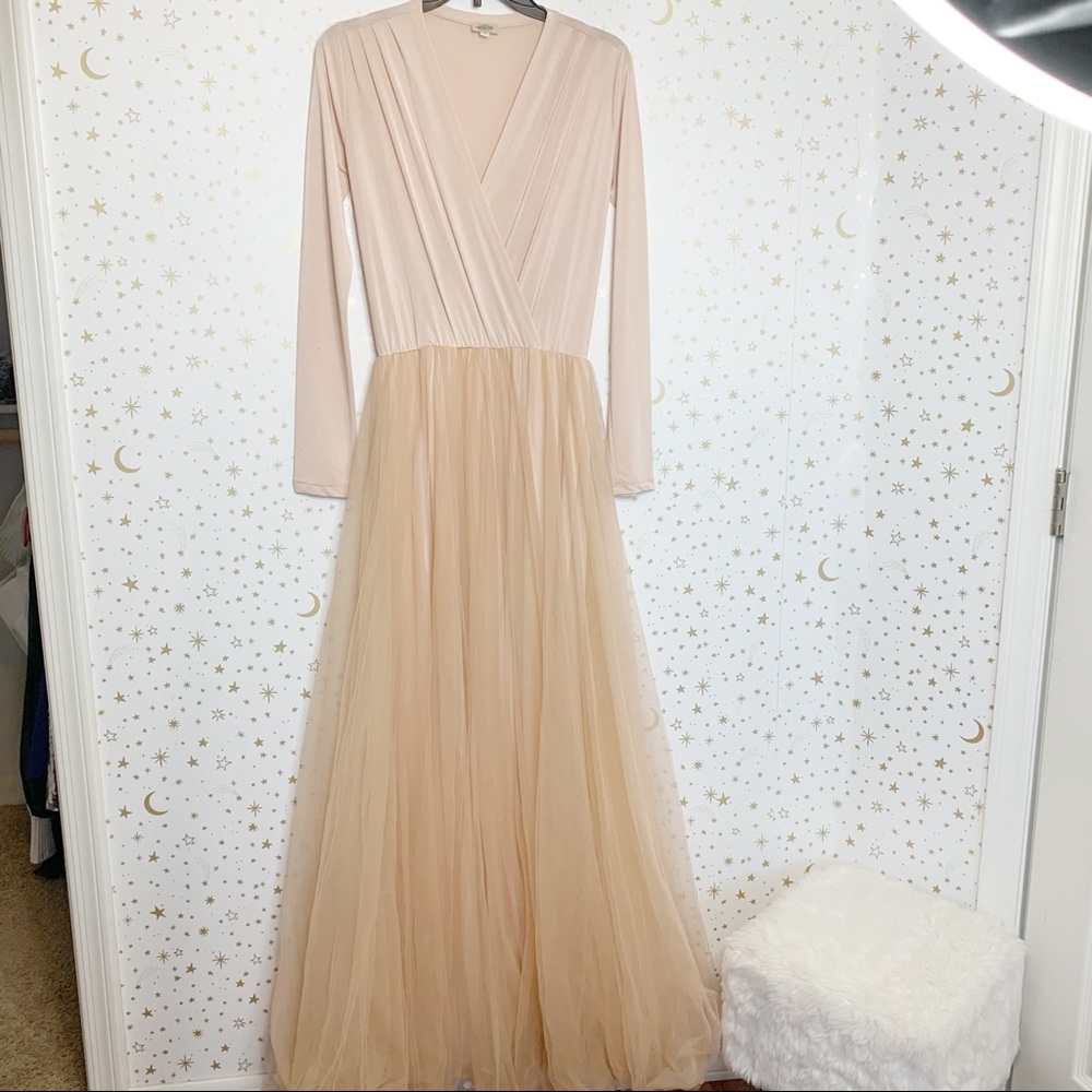 Blush Pink Long Sleeve Tulle Formal Gown Dress